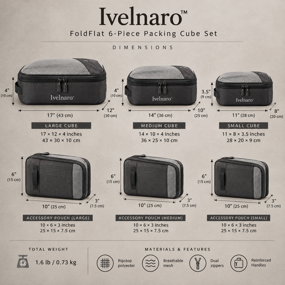 Ivelnaro™ FoldFlat 6-Piece Packing Cube Set